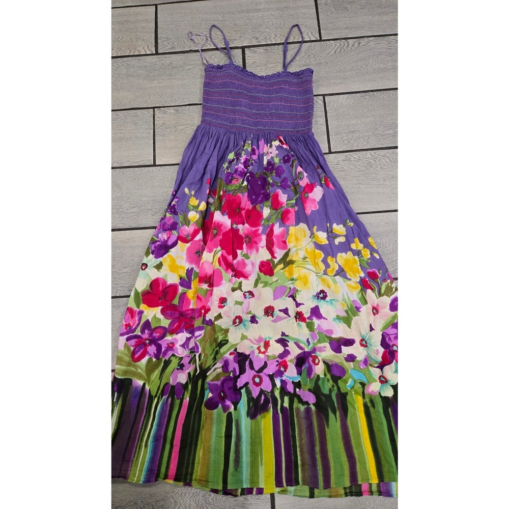 Fawn & Flint Purple Floral Cotton Smocked Maxi Dress Large Boho Adjustable Strap